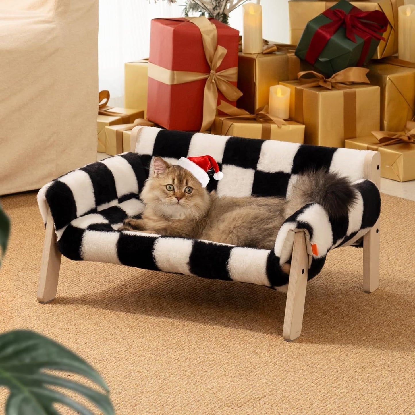 MEWOOFUN Raised Cat Bed with Wooden Legs – Soft Checkerboard Sofa for Indoor Cats & Kittens, Holds Up to 15kg, 56x45cm with Removable Washable Cover