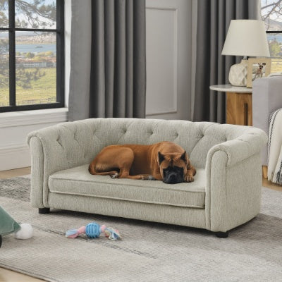 Modern Pet Sofa with Arc Backrest – Rectangular Dog & Cat Couch with Armrests, Breathable Linen & Soft Cushion for Comfort