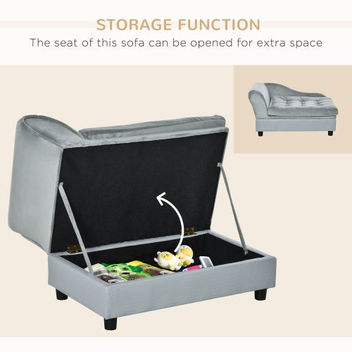Luxury Small Dog Bed with Hidden Storage – Grey Upholstered Pet Sofa with Built-In Compartment for Toys & Accessories