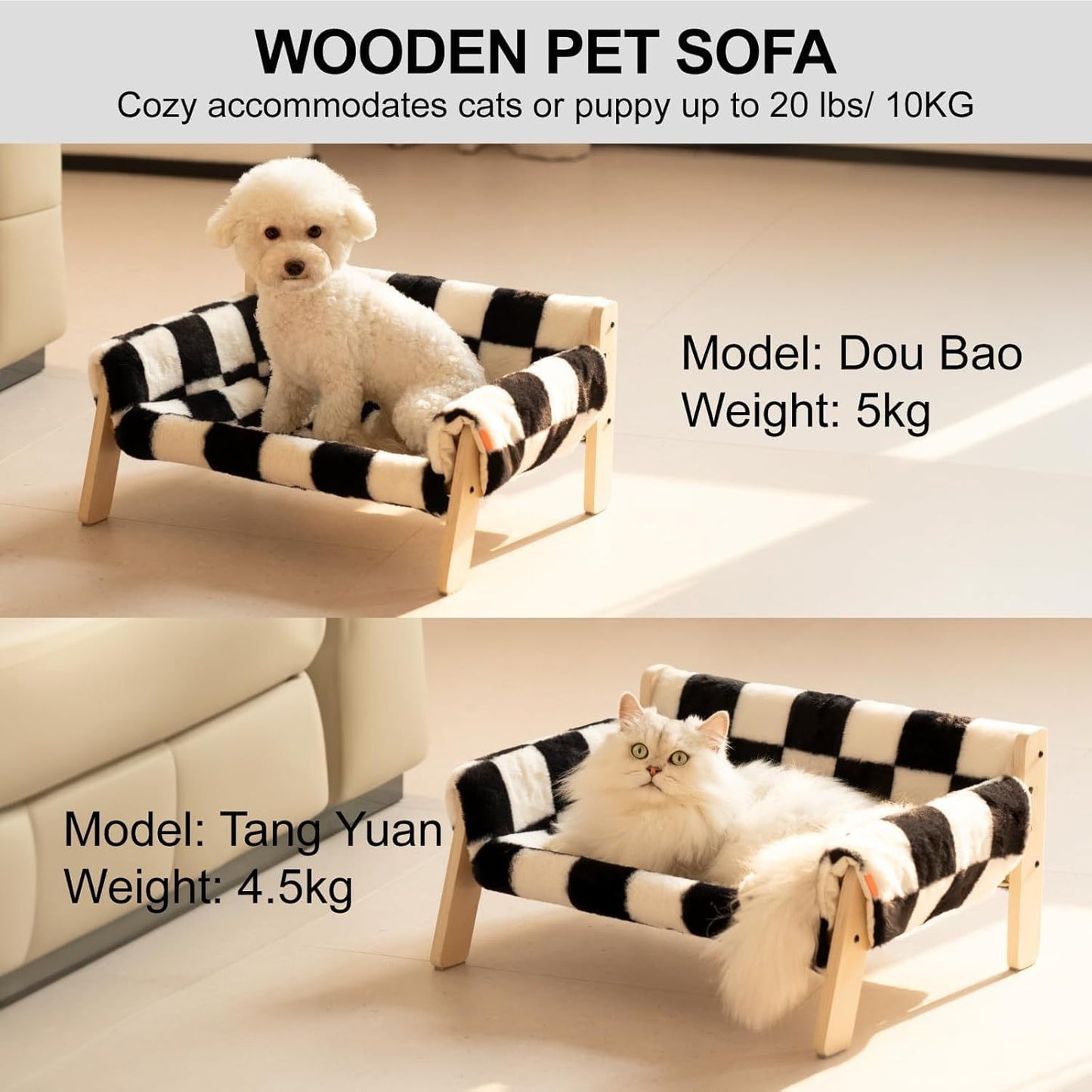MEWOOFUN Raised Cat Bed with Wooden Legs – Soft Checkerboard Sofa for Indoor Cats & Kittens, Holds Up to 15kg, 56x45cm with Removable Washable Cover