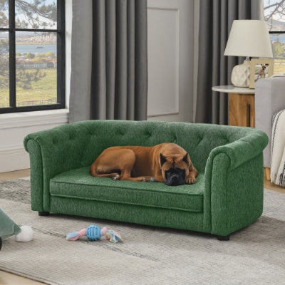 Modern Pet Sofa with Arc Backrest – Rectangular Dog & Cat Couch with Armrests, Breathable Linen & Soft Cushion for Comfort