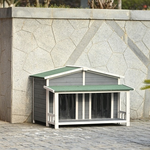 GO 47.2” Large Wooden Dog House – Cabin-Style Outdoor & Indoor Pet Crate with Porch, 2 Doors, Weatherproof Design (Gray & Green)