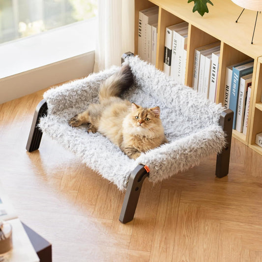 MEWOOFUN Elevated Pet Bed – Raised Plush Couch for Cats & Small Dogs, Washable Cover & Non-Slip Base, Supports 44 lbs (Indoor/Outdoor, Grey)