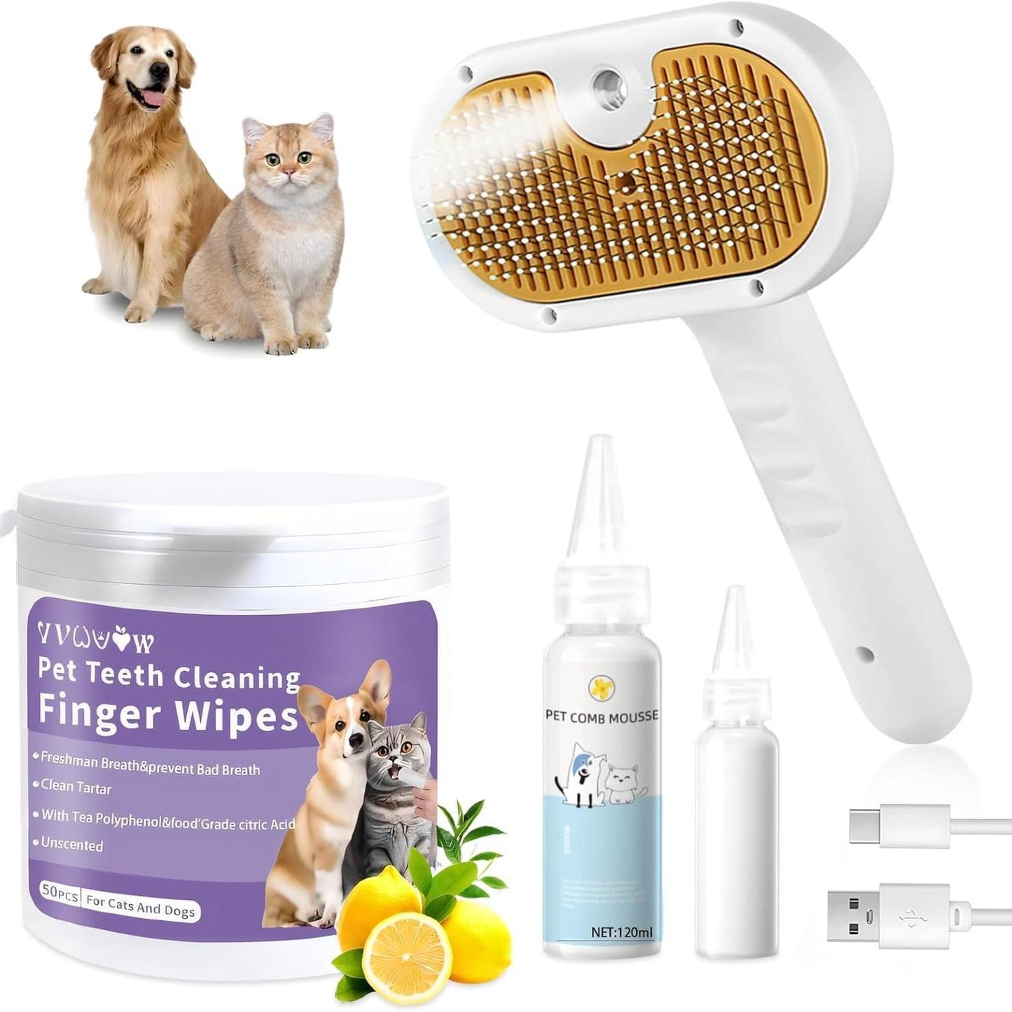 3-in-1 Pet Steam Brush – Waterless Shampoo Spray, Hair Removal Comb & Ear Cleaning Towel for Dogs & Cats