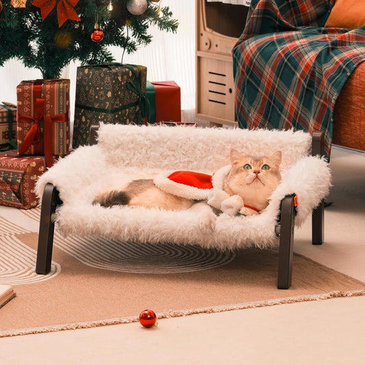 MEWOOFUN Raised Cat Bed for Indoor Cats – Elevated Plush Pet Sofa with Non-Slip Bottom, Washable Bed for Kittens, Puppies & Small Dogs (Supports 44 lbs, Beige/Brown)