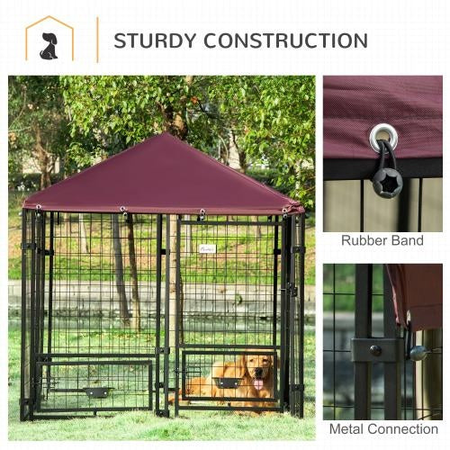 Outdoor Dog Kennel with Rotating Bowl Rack – Walk-In Welded Wire Pet Playpen with UV-Resistant Waterproof Awning
