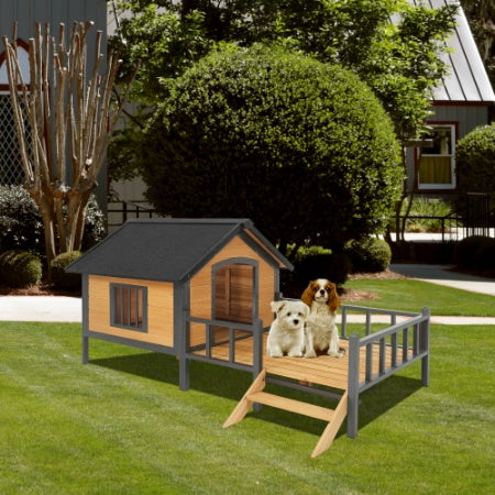 Large Outdoor Wooden Dog House with Porch – Cabin-Style Weatherproof Pet Kennel for Medium & Large Dogs