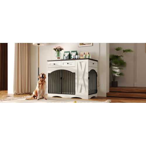 GO 43.3” Farmhouse Dog Crate Furniture – Heavy-Duty Indoor Wooden Dog Kennel with 3 Drawers, Removable Feeder & End Table Design for Medium & Large Dogs (White)