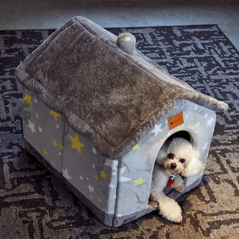 Foldable Dog & Cat House Bed – Warm Enclosed Pet Cave with Removable Cushion for Winter, Soft Sofa Kennel for Small Pets