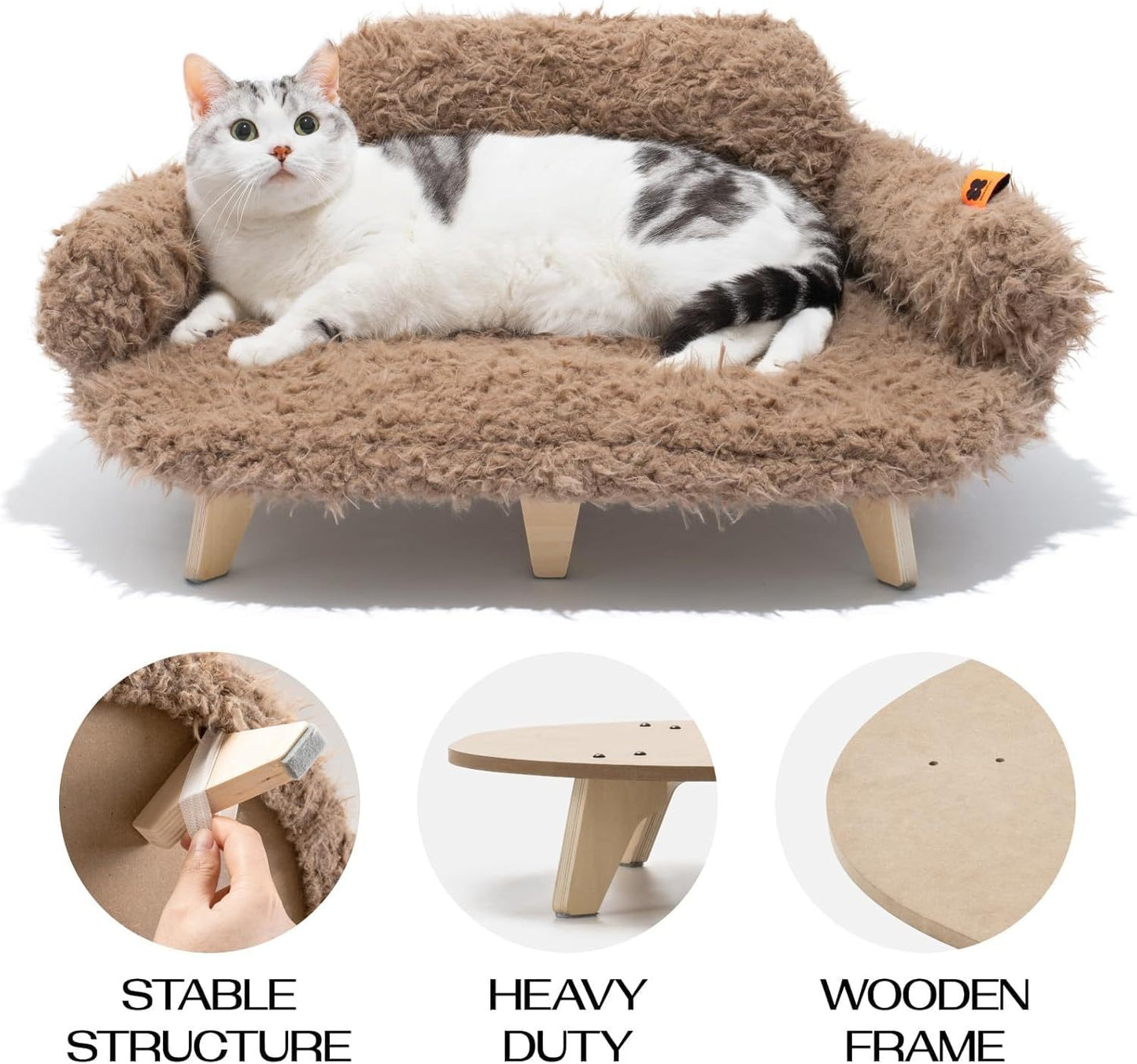 MEWOOFUN Elevated Cat Bed with Washable Cover – 26x18.3x8.5” Modern Wooden Pet Sofa for Cats & Small to Medium Dogs (Brown)