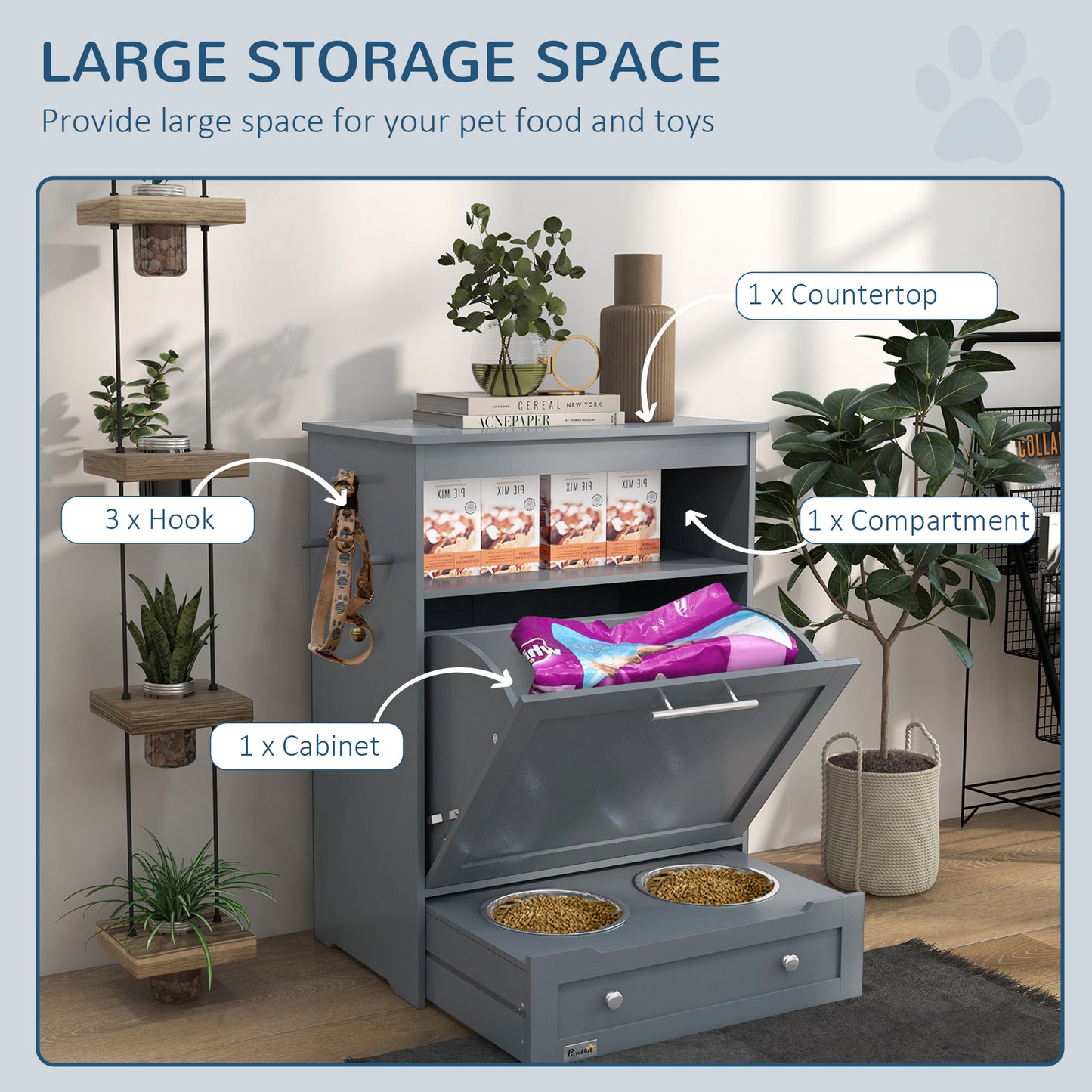 Dog Food Storage Container & Feeder Station – Pet Feeding Cabinet with Built-In Lockers for Organized Food & Water Storage