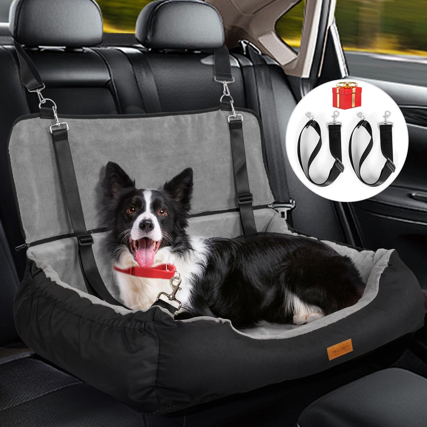 Coral Fleece Dog Booster Seat – Pet Travel Bed with Storage Pocket & Clip-On Leash for Large Dogs (Up to 70 lbs) or 2 Small/Medium Pets
