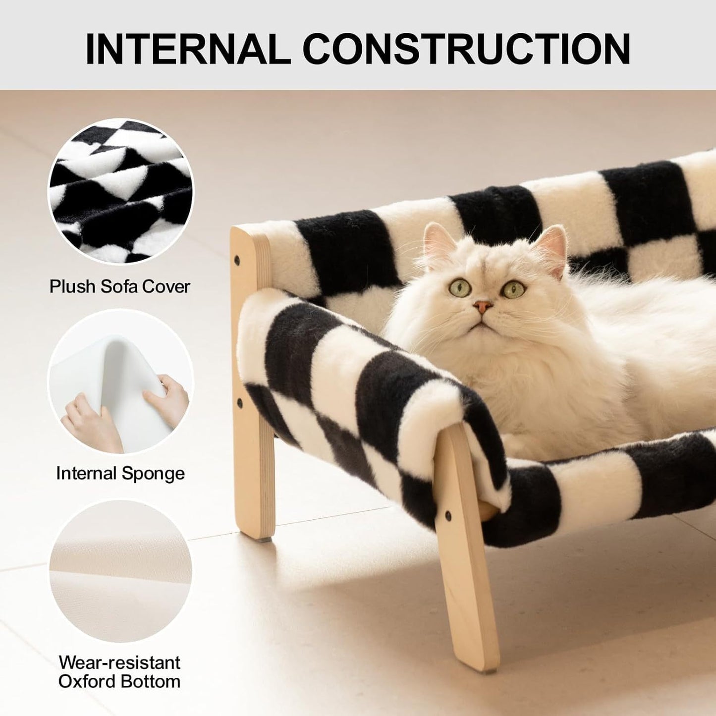 MEWOOFUN Raised Cat Bed with Wooden Legs – Soft Checkerboard Sofa for Indoor Cats & Kittens, Holds Up to 15kg, 56x45cm with Removable Washable Cover