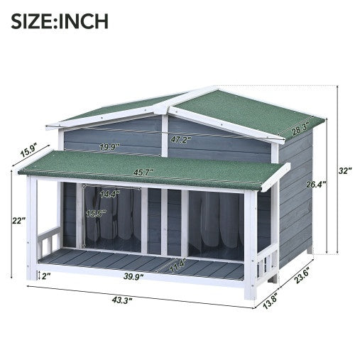 GO 47.2” Large Wooden Dog House – Cabin-Style Outdoor & Indoor Pet Crate with Porch, 2 Doors, Weatherproof Design (Gray & Green)