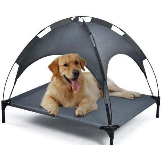 Outdoor Portable Dog Bed with Awning – Grey Elevated Pet Lounger for Sun Protection & Travel Comfort