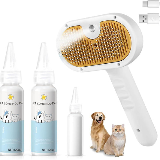 3-in-1 Pet Steam Brush – Waterless Shampoo Spray, Hair Removal Comb & Ear Cleaning Towel for Dogs & Cats