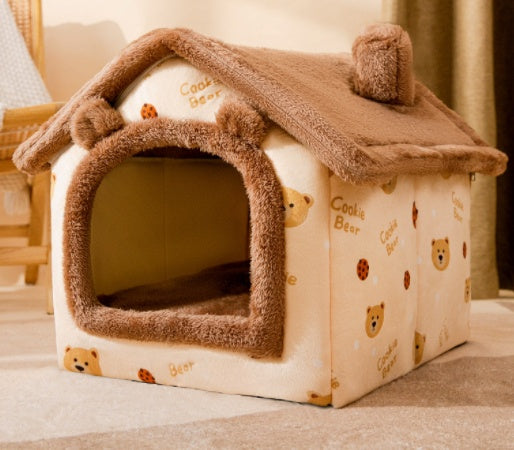 Foldable Dog & Cat House Bed – Warm Enclosed Pet Cave with Removable Cushion for Winter, Soft Sofa Kennel for Small Pets