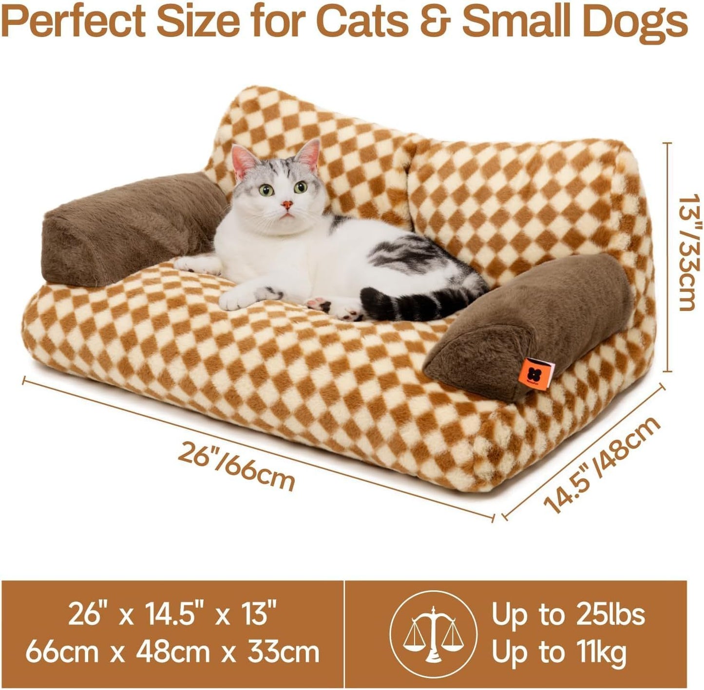 MEWOOFUN Fluffy Cat Bed for Indoor Use – 26x19x13” Washable Pet Couch with Non-Slip Bottom for Small & Medium Dogs & Cats (Brown)