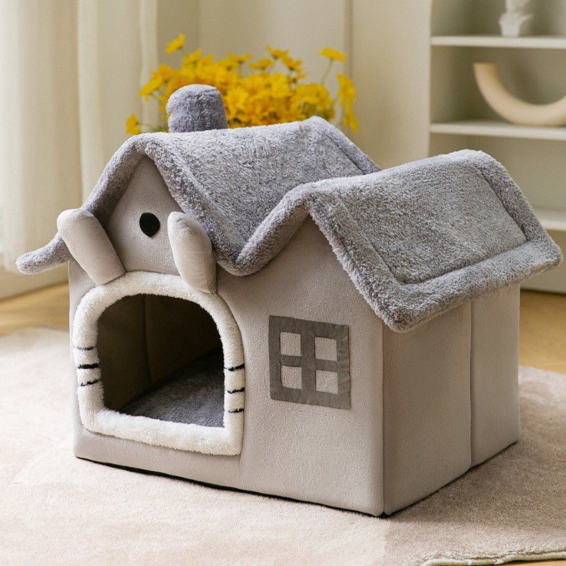 Foldable Dog & Cat House Bed – Warm Enclosed Pet Cave with Removable Cushion for Winter, Soft Sofa Kennel for Small Pets