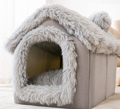 Foldable Dog & Cat House Bed – Warm Enclosed Pet Cave with Removable Cushion for Winter, Soft Sofa Kennel for Small Pets