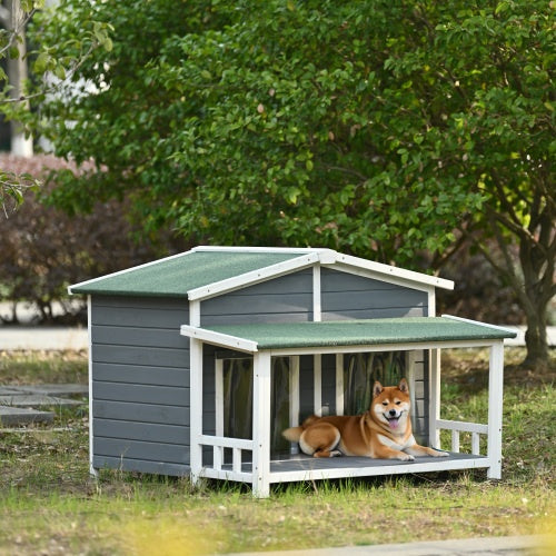 GO 47.2” Large Wooden Dog House – Cabin-Style Outdoor & Indoor Pet Crate with Porch, 2 Doors, Weatherproof Design (Gray & Green)
