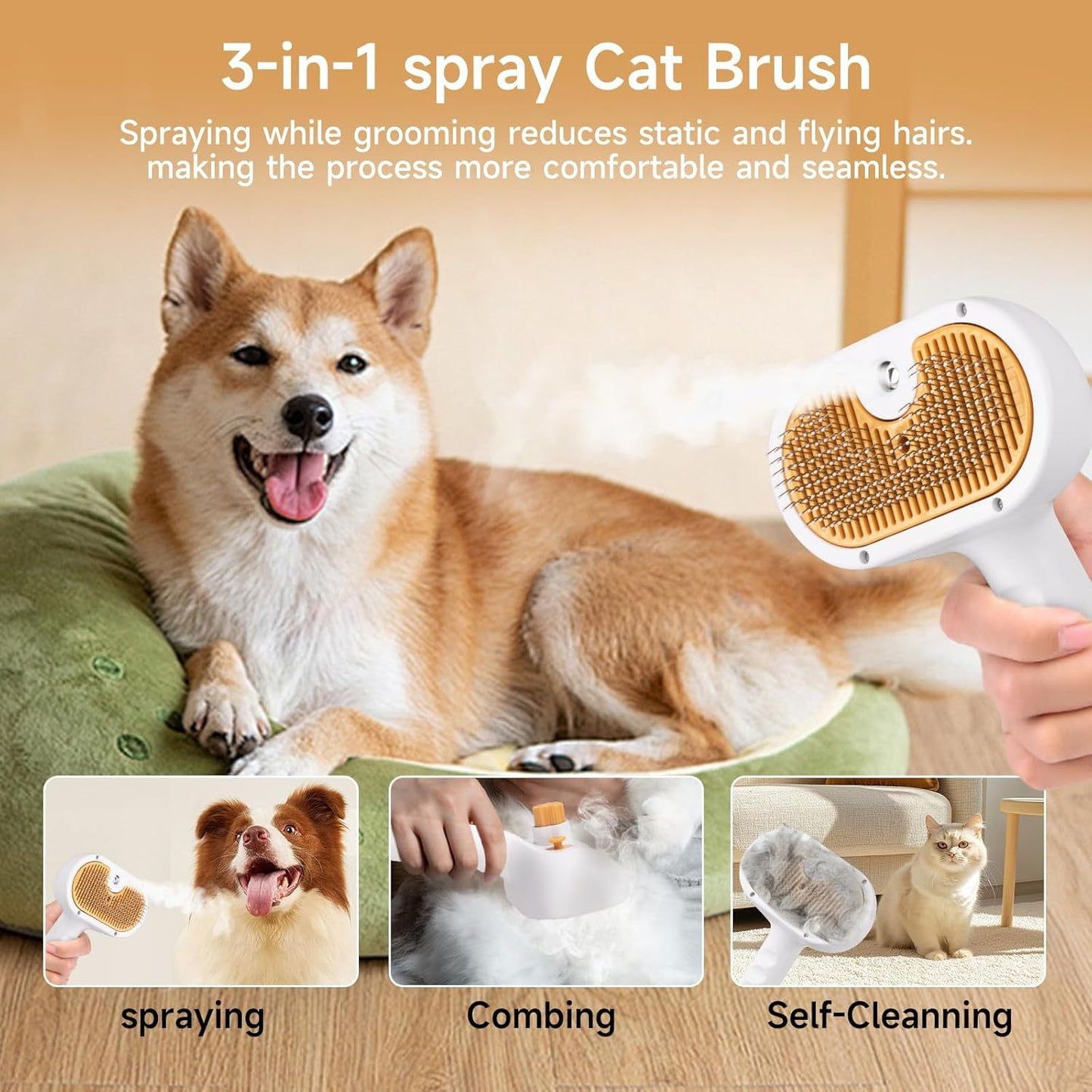 3-in-1 Pet Steam Brush – Waterless Shampoo Spray, Hair Removal Comb & Ear Cleaning Towel for Dogs & Cats