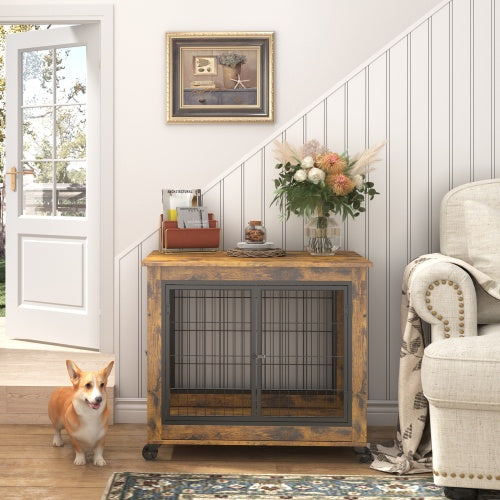 Furniture-Style Dog Crate Side Table – Rustic Brown Double-Door Pet Kennel with Wheels & Lift-Top Storage, 31.5” W x 22” D x 25” H