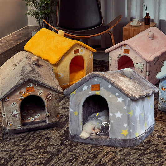 Foldable Dog & Cat House Bed – Warm Enclosed Pet Cave with Removable Cushion for Winter, Soft Sofa Kennel for Small Pets