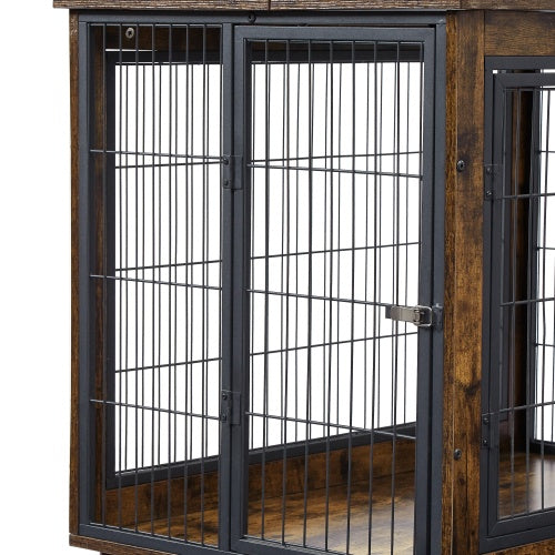 Furniture-Style Dog Crate Side Table – Rustic Brown Double-Door Pet Kennel with Wheels & Lift-Top Storage, 31.5” W x 22” D x 25” H