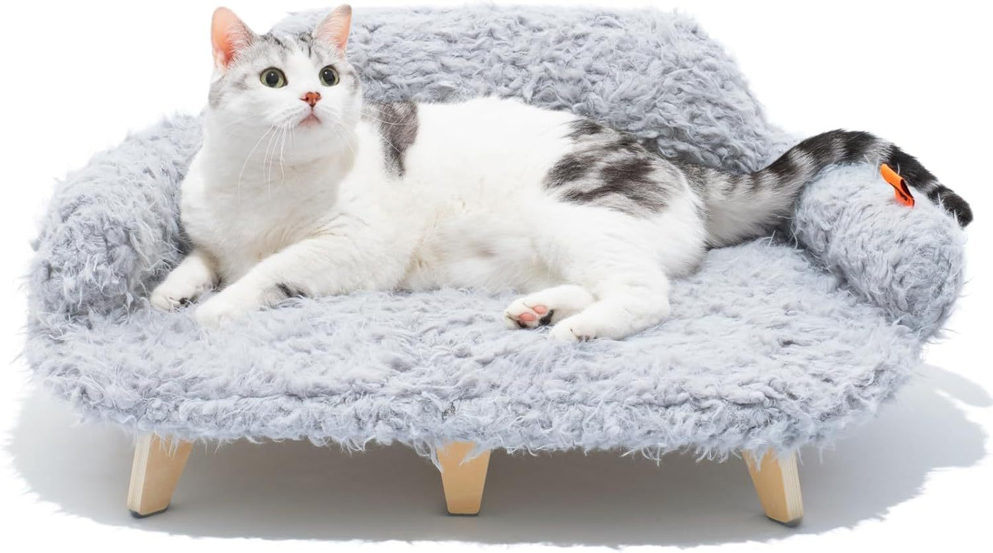 MEWOOFUN Elevated Cat Bed with Washable Cover – 26x18.3x8.5” Modern Wooden Pet Sofa for Cats & Small to Medium Dogs (Grey)
