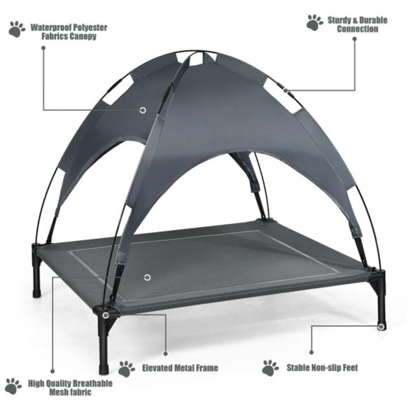 Elevated Dog Bed with UV-Resistant Canopy – 35.5” x 32” Outdoor Pet Lounger for Sun Protection & Cooling Comfort
