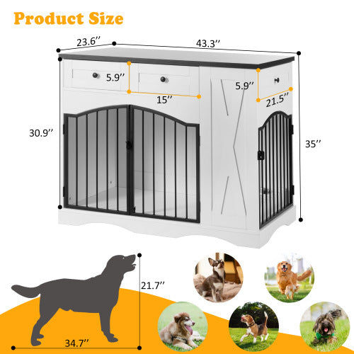 GO 43.3” Farmhouse Dog Crate Furniture – Heavy-Duty Indoor Wooden Dog Kennel with 3 Drawers, Removable Feeder & End Table Design for Medium & Large Dogs (White)