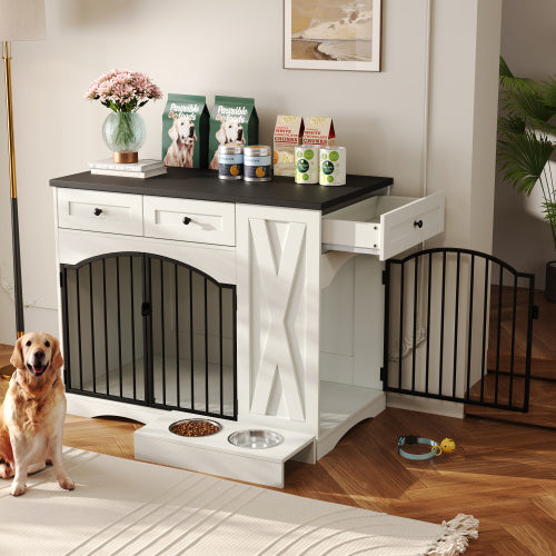 GO 43.3” Farmhouse Dog Crate Furniture – Heavy-Duty Indoor Wooden Dog Kennel with 3 Drawers, Removable Feeder & End Table Design for Medium & Large Dogs (White)