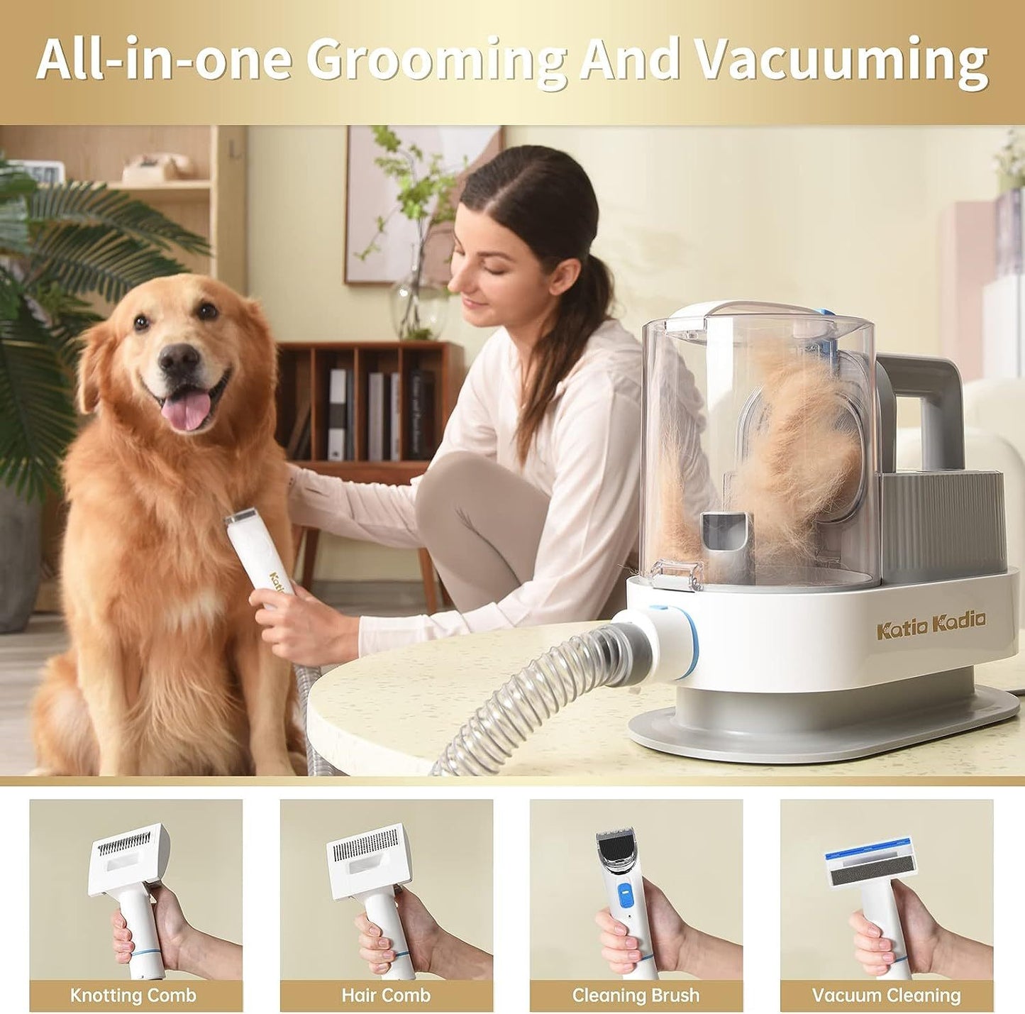 5-in-1 Pet Grooming Kit with Vacuum Suction – Low-Noise Dog Hair Remover & Shedding Tool for Small & Medium Pets, Ideal for At-Home Use