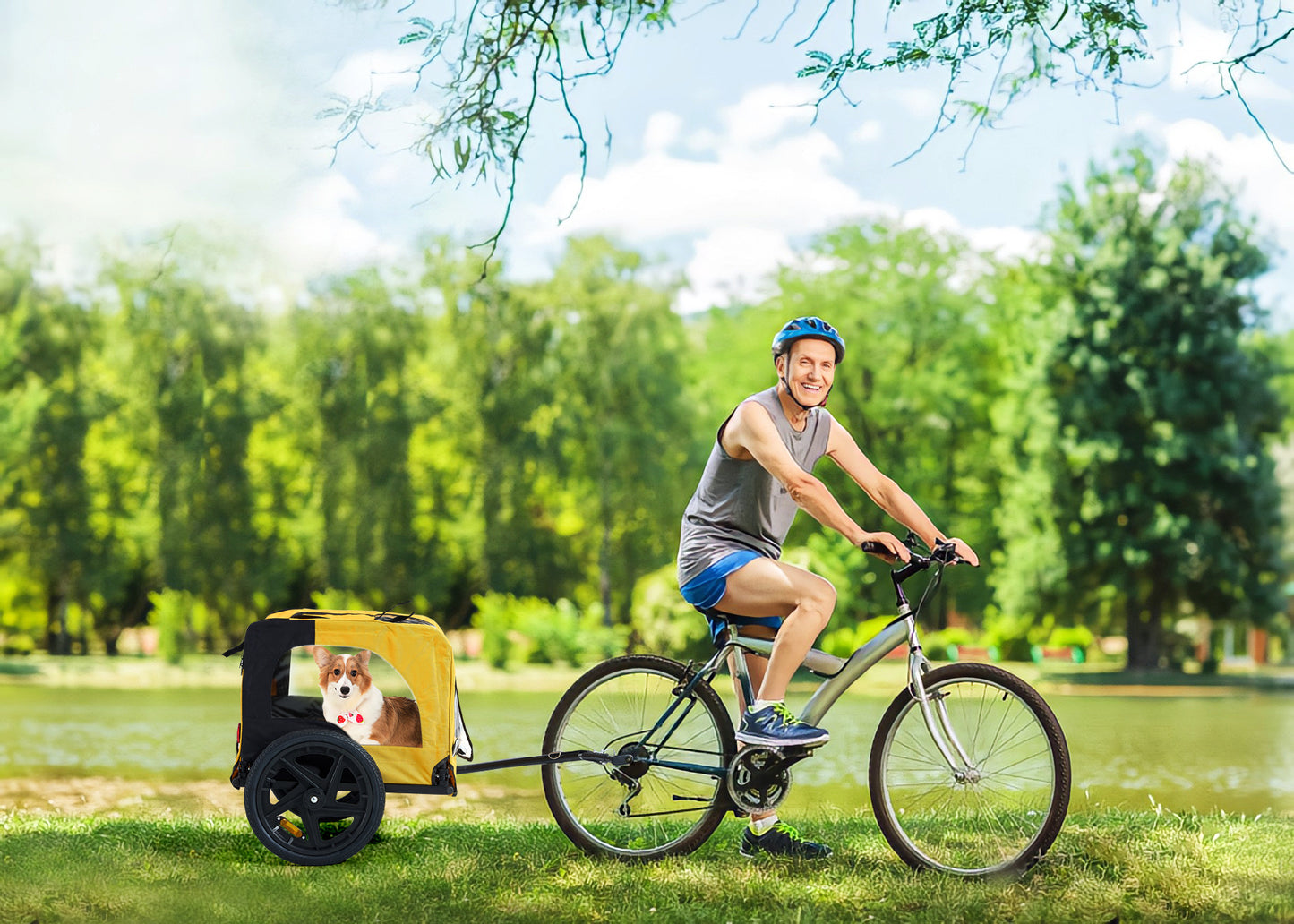 Heavy-Duty Foldable Pet Stroller with Bicycle Tow – Yellow Outdoor Dog Carrier for Travel, Jogging & Biking Adventures