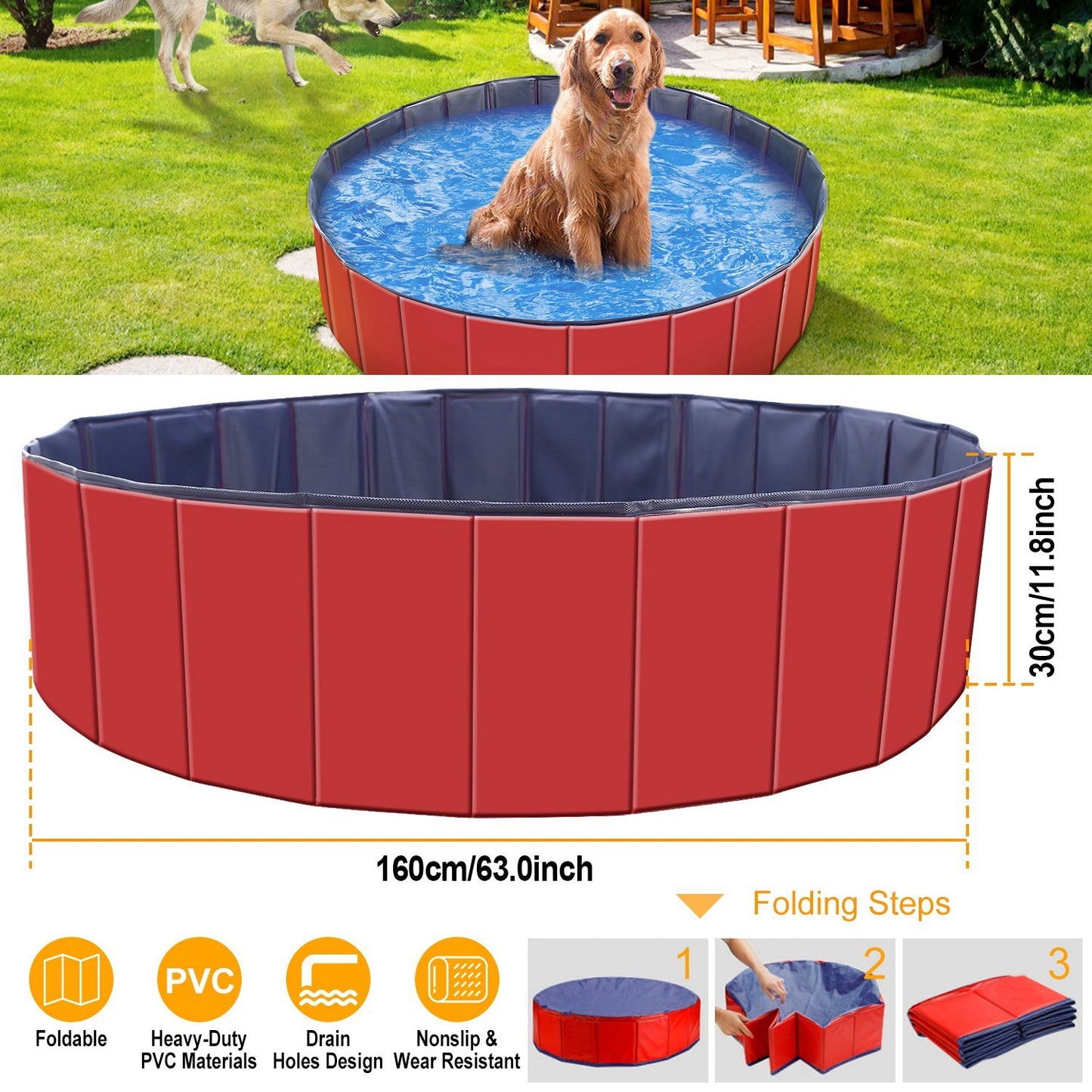 Foldable Pet Swimming Pool – 63” x 63” x 11.8” PVC Dog Bathing Tub & Splash Playmat for Summer Outdoor Fun (1Pc)