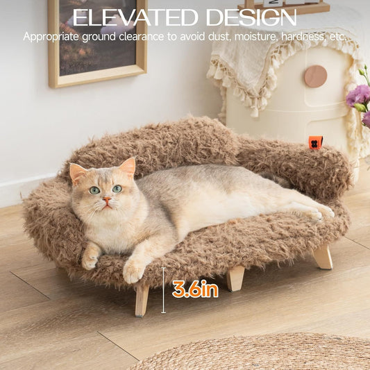 MEWOOFUN Elevated Cat Bed with Washable Cover – 26x18.3x8.5” Modern Wooden Pet Sofa for Cats & Small to Medium Dogs (Brown)