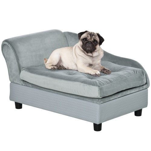 Luxury Small Dog Bed with Hidden Storage – Grey Upholstered Pet Sofa with Built-In Compartment for Toys & Accessories