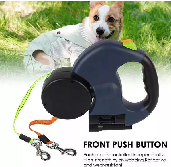 Dual Retractable Dog Leash – Reflective Double Pet Lead with 360° Swivel, Tangle-Free Design for Walking Two Dogs