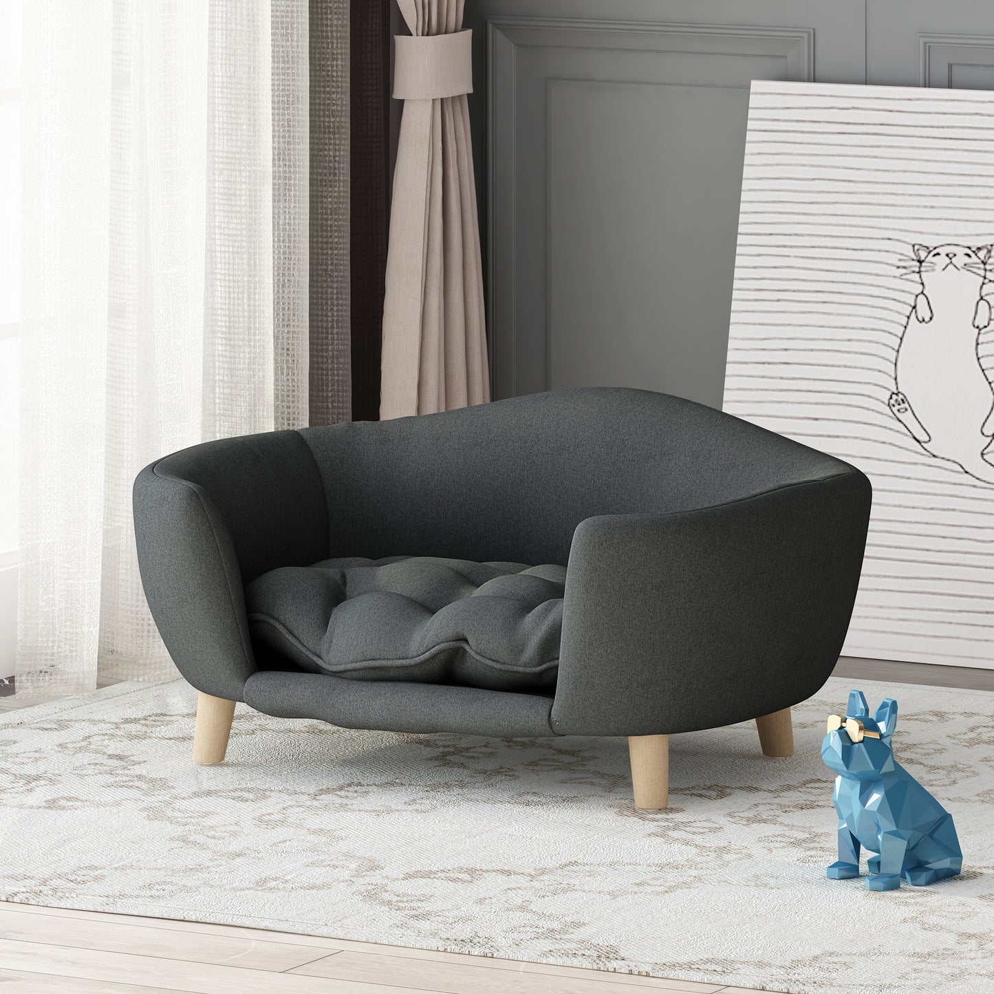 Mid-Century Modern Dog Bed – Tufted Cushion Pet Sofa with Birch Wood Legs for Small Dogs, Dark Gray (30.25” x 21.75” x 14”)