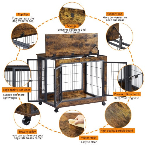 Furniture-Style Dog Crate Side Table – Rustic Brown Double-Door Pet Kennel with Wheels & Lift-Top Storage, 31.5” W x 22” D x 25” H