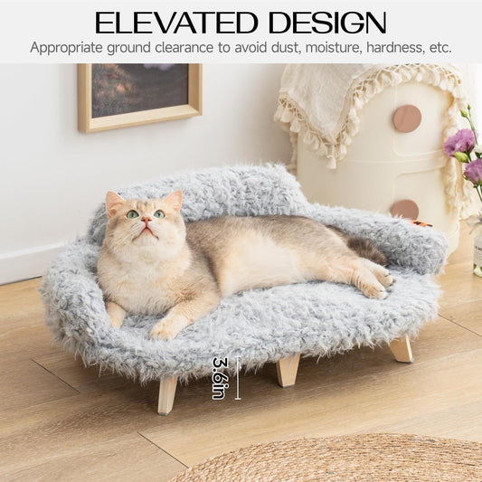 MEWOOFUN Elevated Cat Bed with Washable Cover – 26x18.3x8.5” Modern Wooden Pet Sofa for Cats & Small to Medium Dogs (Grey)