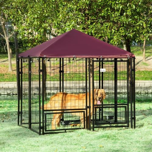 Outdoor Dog Kennel with Rotating Bowl Rack – Walk-In Welded Wire Pet Playpen with UV-Resistant Waterproof Awning