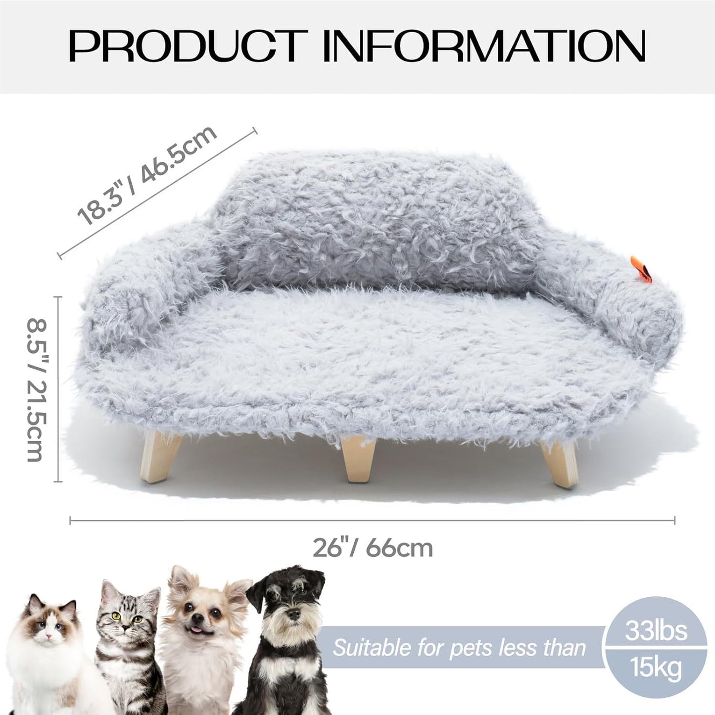 MEWOOFUN Elevated Cat Bed with Washable Cover – 26x18.3x8.5” Modern Wooden Pet Sofa for Cats & Small to Medium Dogs (Grey)