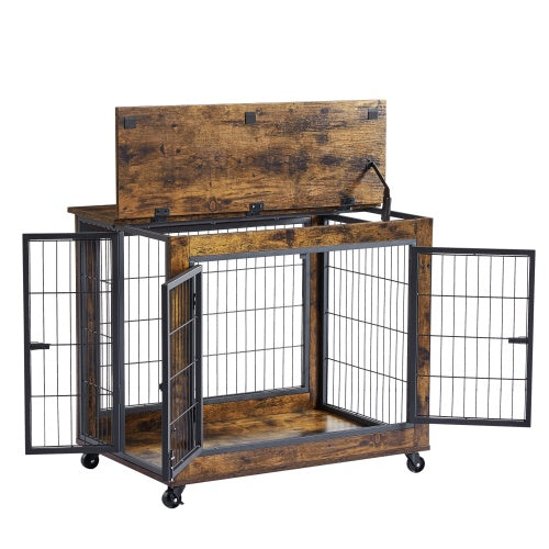 Furniture-Style Dog Crate Side Table – Rustic Brown Double-Door Pet Kennel with Wheels & Lift-Top Storage, 31.5” W x 22” D x 25” H