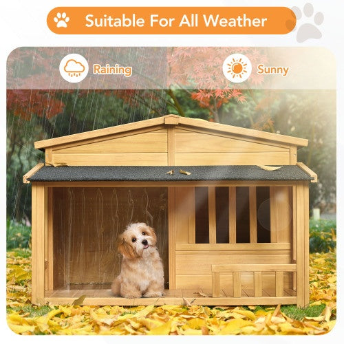 GO 47.2 Wooden Dog House, Outdoor & Indoor Dog Crate, Pet Kennel With Porch, Solid Wood, Weatherproof, Medium, Nature