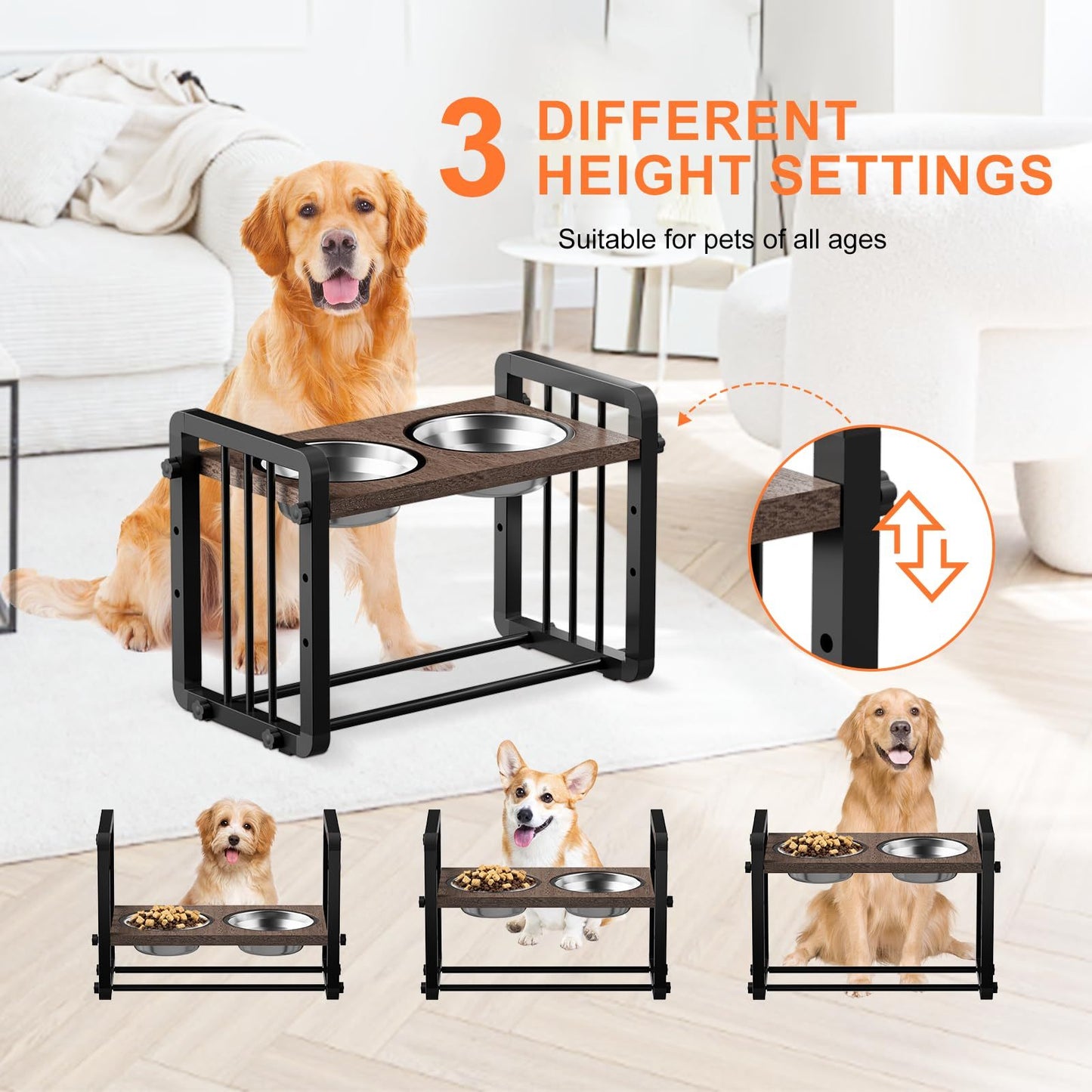 Adjustable Elevated Dog Bowls with H-Shaped Iron Stand – Raised Double Bowl Feeder for Large Dogs, Reduces Neck Strain & Aids Digestion