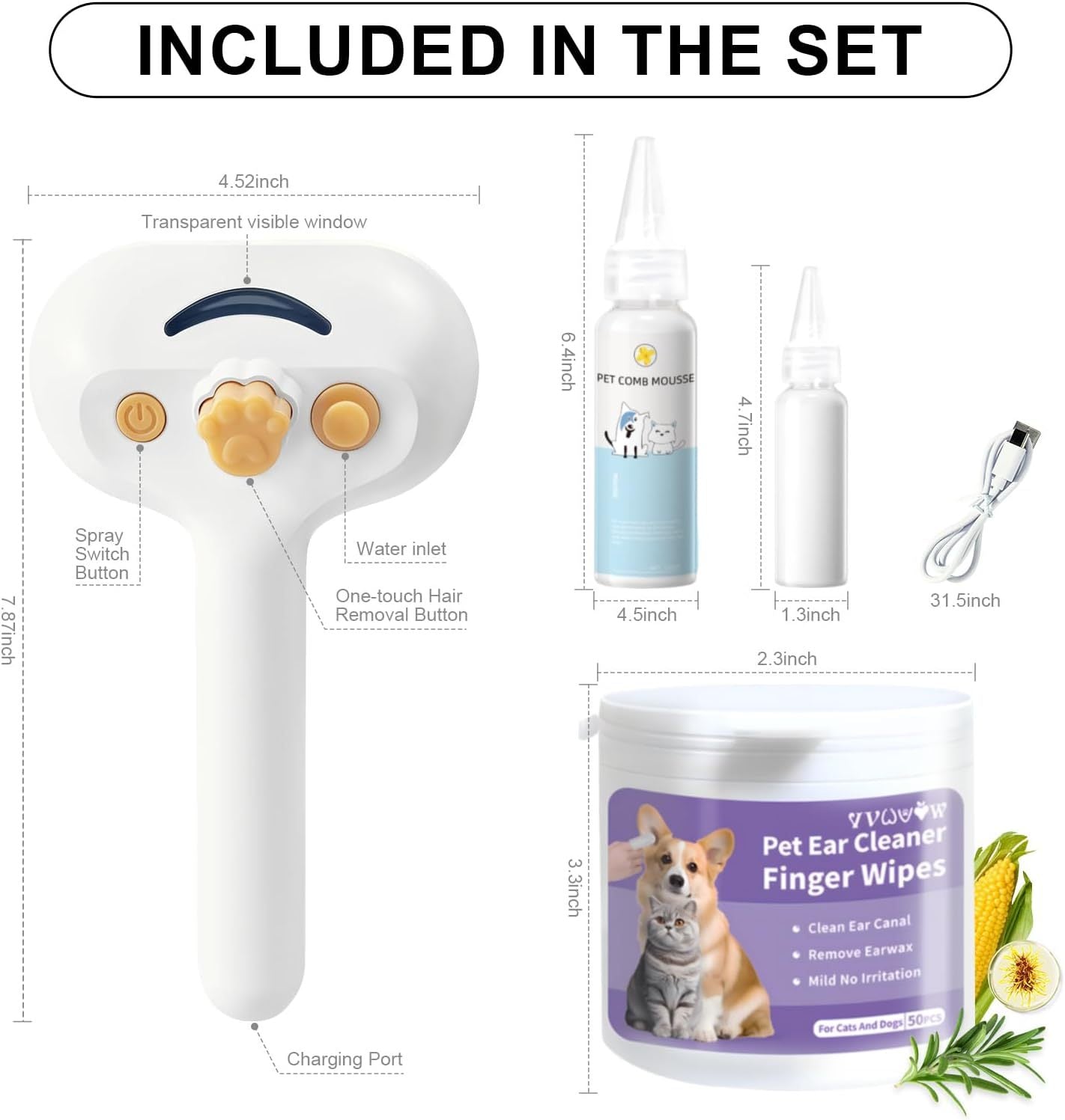 3-in-1 Pet Steam Brush – Waterless Shampoo Spray, Hair Removal Comb & Ear Cleaning Towel for Dogs & Cats