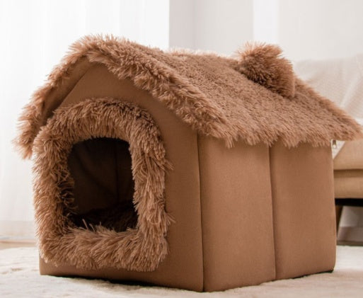 Foldable Dog & Cat House Bed – Warm Enclosed Pet Cave with Removable Cushion for Winter, Soft Sofa Kennel for Small Pets