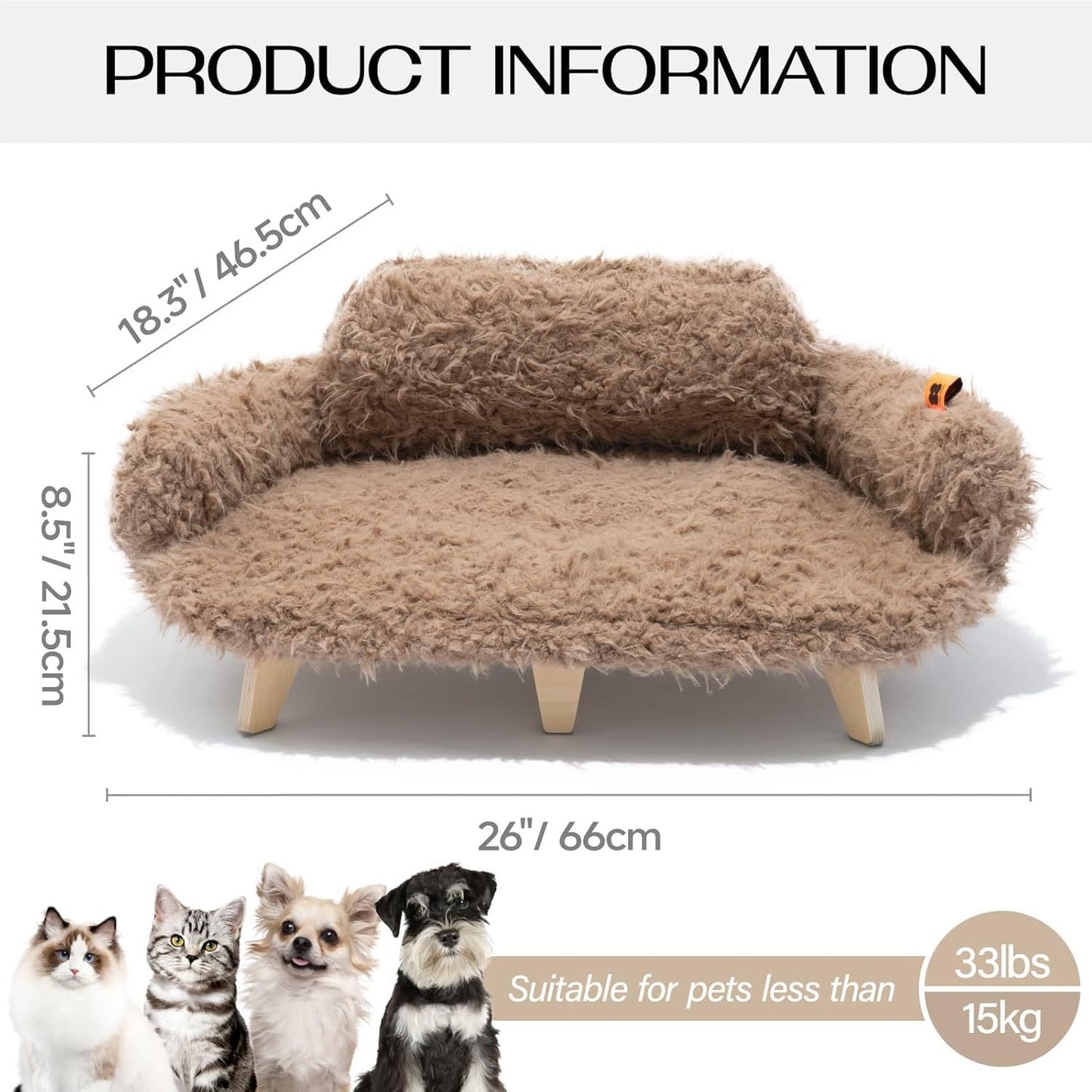 MEWOOFUN Elevated Cat Bed with Washable Cover – 26x18.3x8.5” Modern Wooden Pet Sofa for Cats & Small to Medium Dogs (Brown)